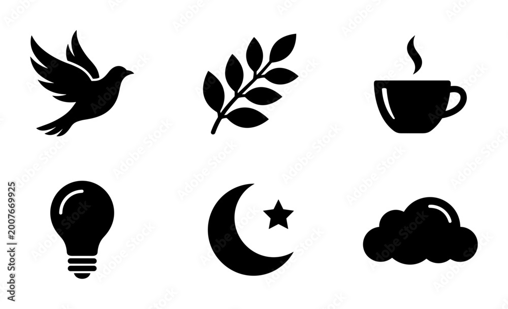 Fototapeta premium 6 Nature and Lifestyle silhouette icons featuring dove, leaf, coffee cup, bulb, moon, and cloud, for creative projects