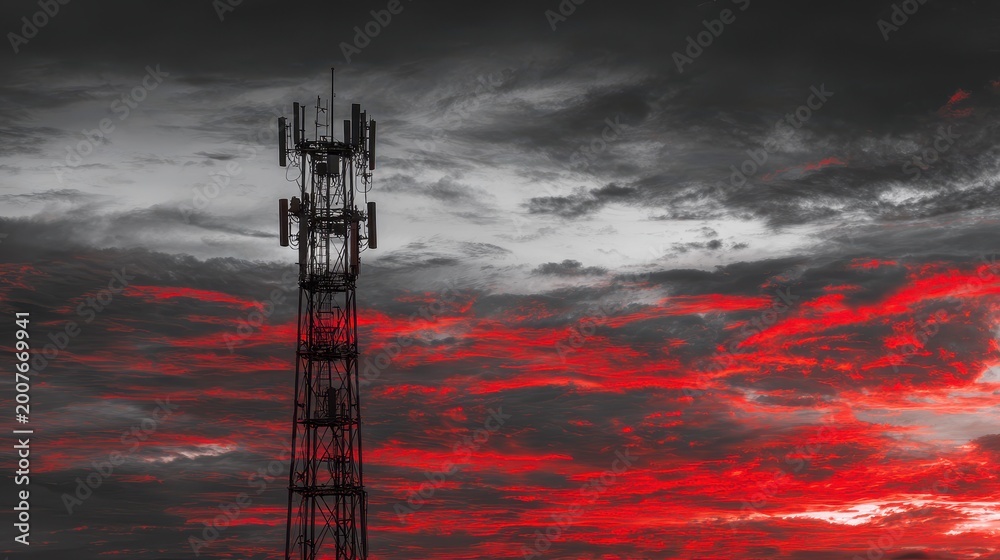 Fototapeta premium Silhouette of a communication tower against a vibrant red sunset sky