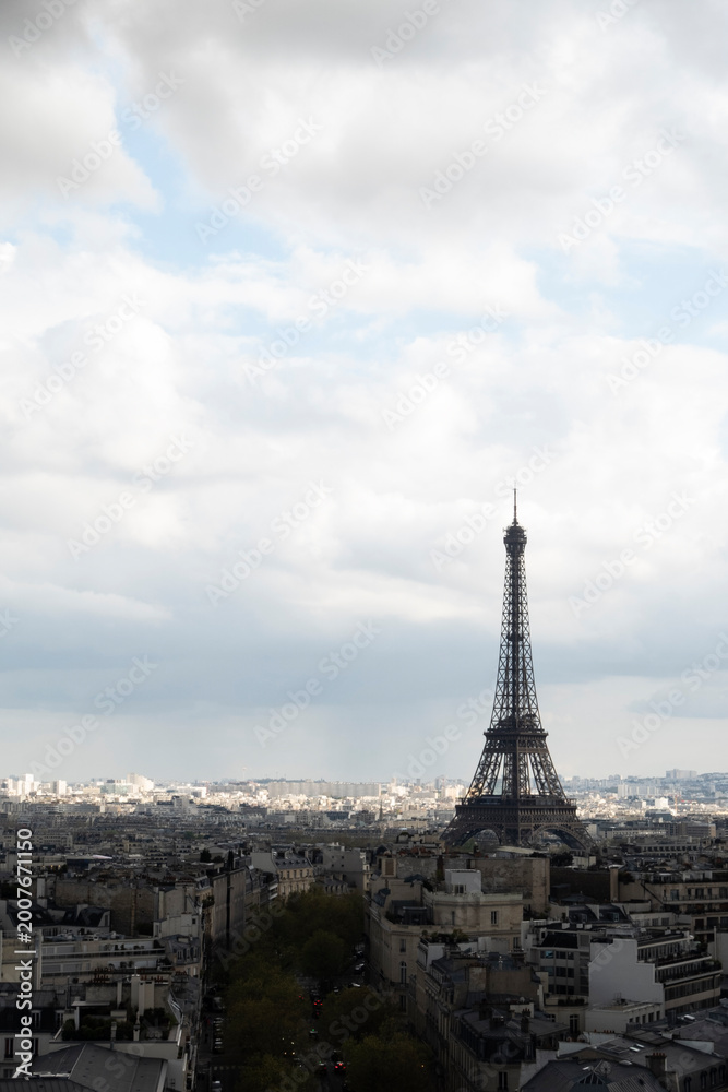 Fototapeta premium Eiffel Tower rising above Paris cityscape vertical format