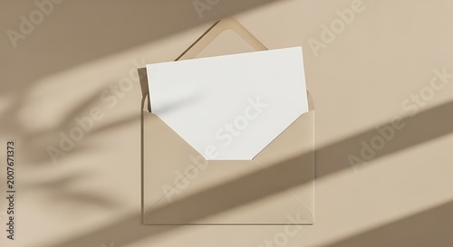 Beige envelope with blank paper card mockup  inside top view on beige background with sunlight shadow. Copy space. Minimalist aesthetic wedding invitation mockup, greeting card, holiday concept.