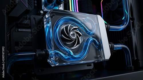 Custom PC water cooling system with glowing blue liquid circulating through clear tubes and a pump block, showcasing advanced computer hardware.