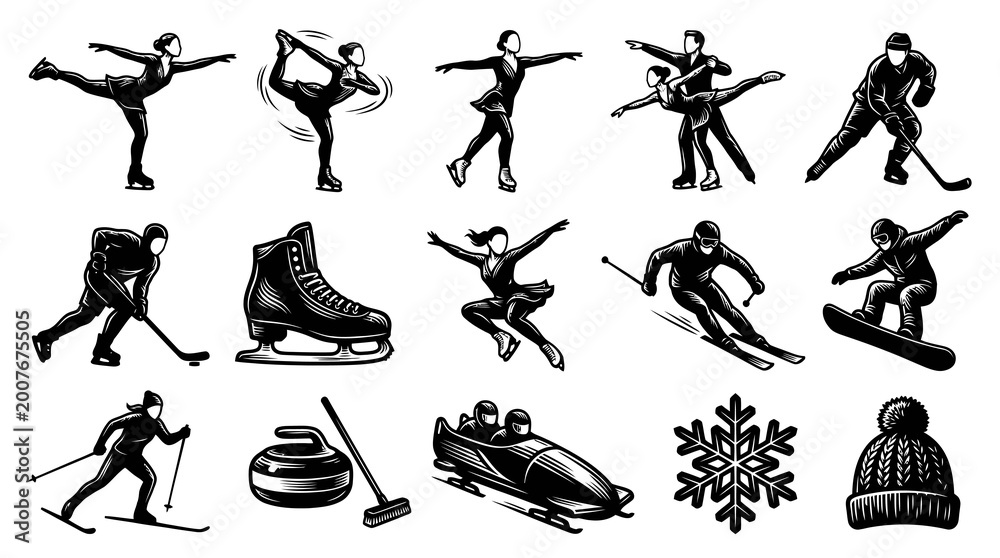 Obraz premium Black and White Line Art of Winter Sports Icons: Ice Skating, Skiing, Hockey, Bobsled