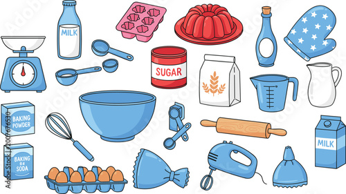 Large set of colorful flat vector illustrations of various baking tools and ingredients isolated on a white background.