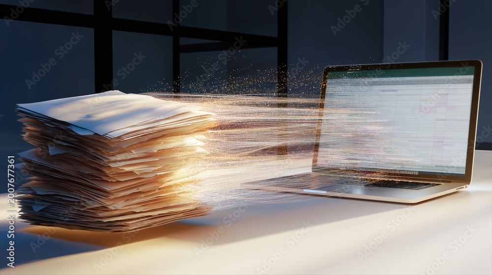 Obraz premium A cluttered stack of paper documents transforms into glowing data flowing into a laptop spreadsheet. Dramatic lighting emphasizes digital transformation and office efficiency.