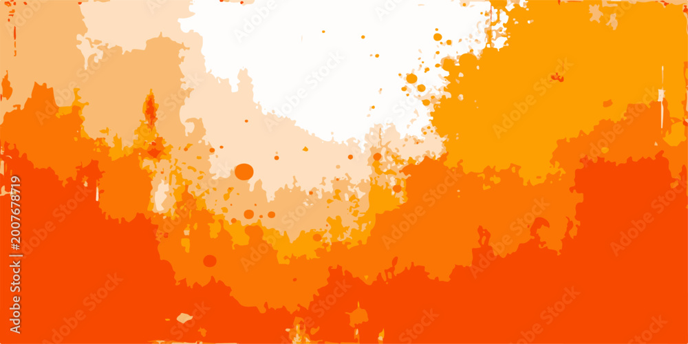 Obraz premium Artistic orange grunge background with an abstract watercolor splash and autumn leaf pattern featuring colorful ink splatters on a textured vector design