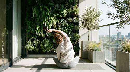 Woman practices seated yoga stretch on a sunny balcony, lush vertical garden and city skyline behind, calm wellness mood for home fitness and mindfulness