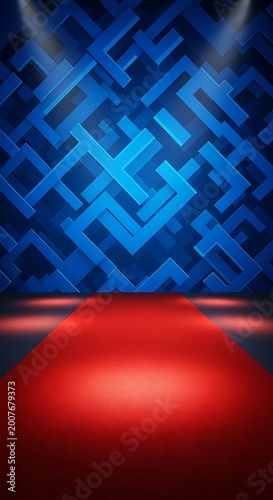 Red Carpet Stage with Blue Geometric Background.