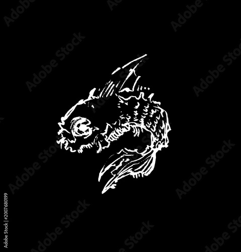 A high-contrast, hand-drawn illustration of a skeletal monster fish. This edgy, grunge-style graphic features aggressive lines and sharp fins on a solid black background, ideal for streetwear branding