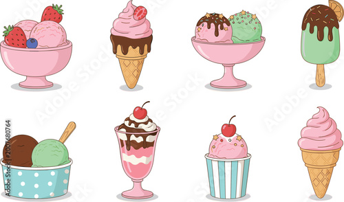 Set of 8 colorful flat vector illustrations of various ice cream desserts including cones, bowls, and sundaes isolated on a white background.