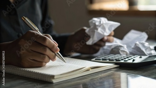 A person writing notes with a pen while holding crumpled paper, with a calculator nearby, suggesting problem-solving or financial calculations.