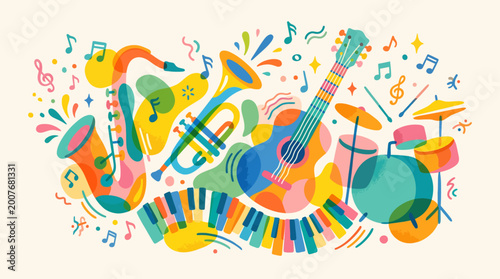 Playful abstract illustration of overlapping jazz instruments including saxophone, trumpet, guitar, and piano keys. Bright colorful shapes with musical notes create a modern artistic music concept