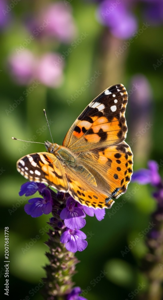 Obraz premium Orange butterfly resting on purple flower