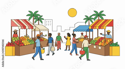 Bustling Farmers Market Scene with Fresh Produce Stalls