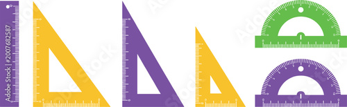 Set of colorful flat vector illustrations of various geometry tools including rulers, triangles, and protractors isolated on a white background.