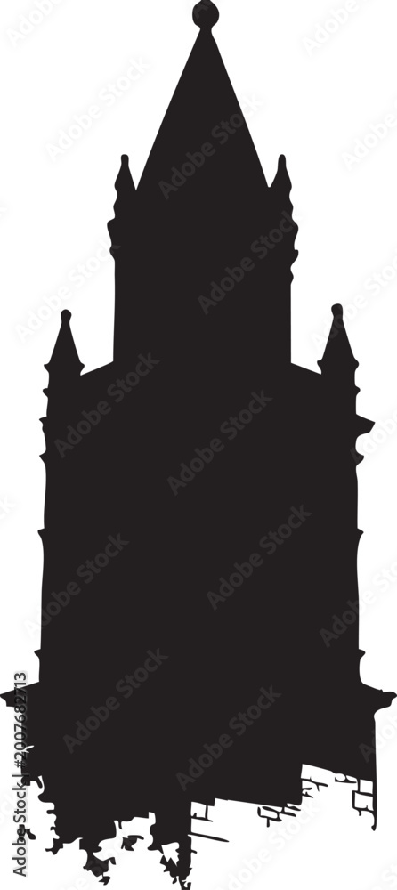 Fototapeta premium A detailed vintage silhouette of a classic historical gothic building featuring a sharp pointed tower and weathered grunge textures for antique architectural graphic design projects
