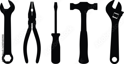 Set of five solid black silhouettes of various hand tools isolated on a white background.