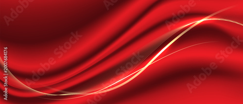 Abstract luxury vector background with elegant glowing golden wave lines on red silk texture. Fully editable EPS10.