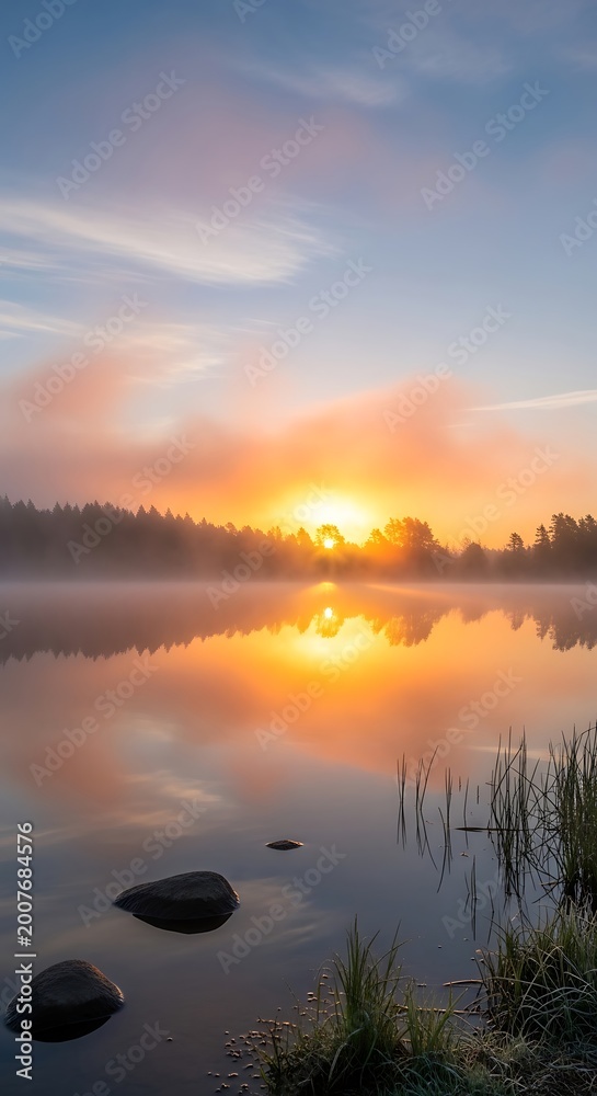 Fototapeta premium Tranquil Dawns Embrace - Golden Sunrise Through Mist on a Mirror-Like Lake.