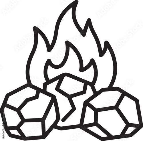 Black outline icon of burning charcoal briquettes with fire