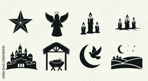 Christmas icons set star angel candles nativity scene silhouette high quality