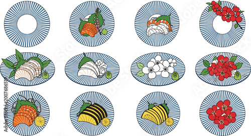 Bild auf Leinwand Japanese Food and Decorative Plate Illustration Set with Sushi, Sashimi, and Floral Designs on Radial Pattern Plates in Clean Vector Designs for Cuisine and Culture Concepts