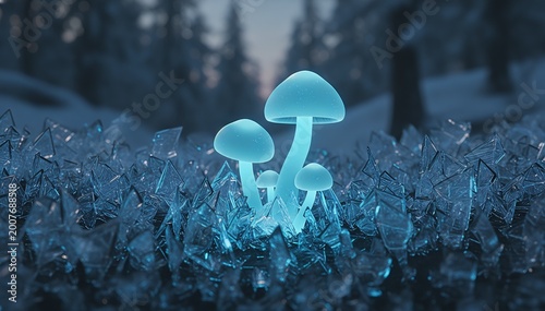 Bioluminescent Winter Mycelium Emerging from Geometric Ice Crystals