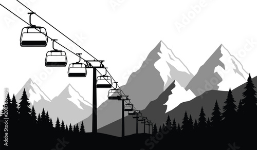 ski lift with gondolas and mountain range black and white silhouette illustration on a gradient background high quality professional detailed modern elegant stylish clean