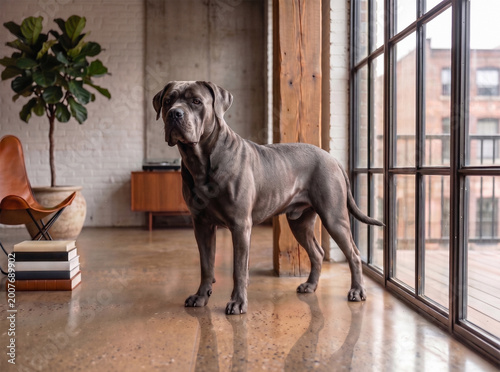 Large grey Cane Corso standing in a modern sunlit industrial loft with polished concrete floors