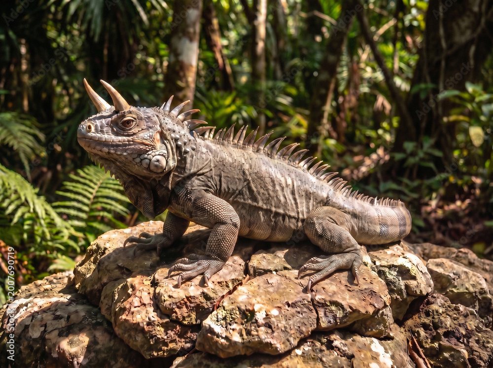 Fototapeta premium Large horned iguana basking on a rock in a dense jungle environment with natural sunlight