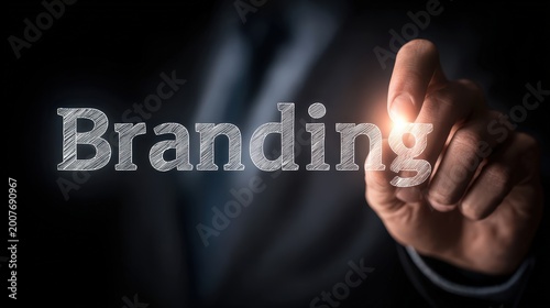 Business professional interacts with the digital word branding displayed on a screen.
