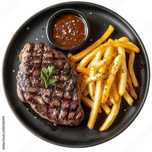  Top view of a delicious looking steak frites on a dark platter isolated [Transparent Background PNG].
