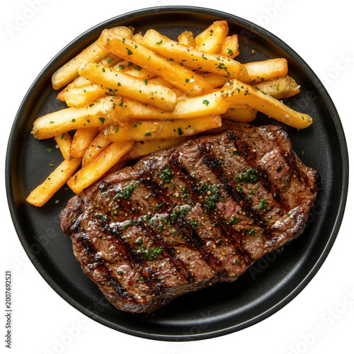  Top view of a delicious looking steak frites on a dark platter isolated [Transparent Background PNG].