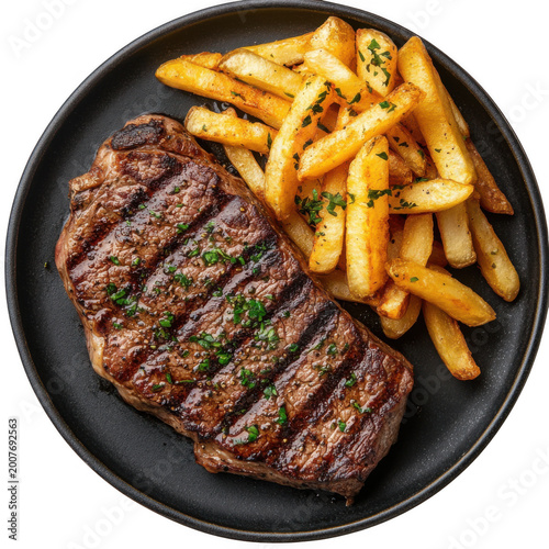  Top view of a delicious looking steak frites on a dark platter isolated [Transparent Background PNG].