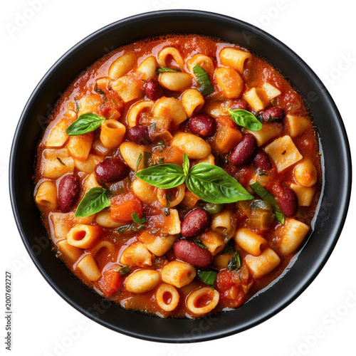 Top view of a delicious looking pasta e fagioli on a dark porcelain plate isolated [Transparent Background PNG].