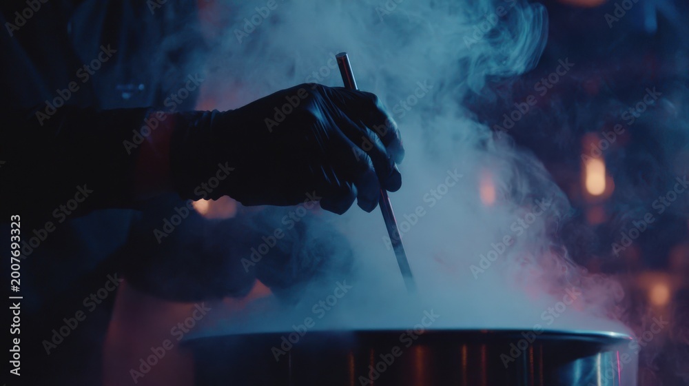Naklejka premium Professional chef stirs a steaming pot in a moody restaurant kitchen.