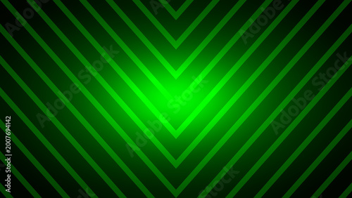 Symmetrical Chevron pattern of green diagonal stripes. Geometric directional background design with light.