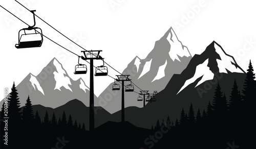 ski lift silhouette with mountain range and evergreen trees against a white background high quality professional detailed modern elegant stylish clean crisp vibrant colorful