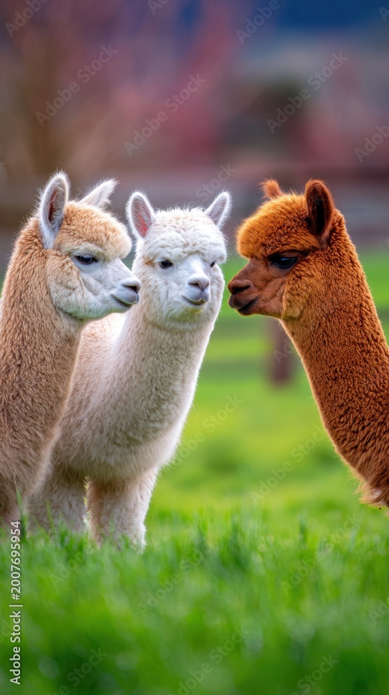 Fototapeta premium Three charming alpacas interact in a vibrant green field under a soft, colorful sky