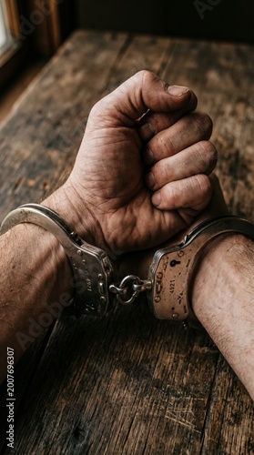 Clenched handcuffed wrist dimly lit room macro shot capturing restraint close-up concept of confinement