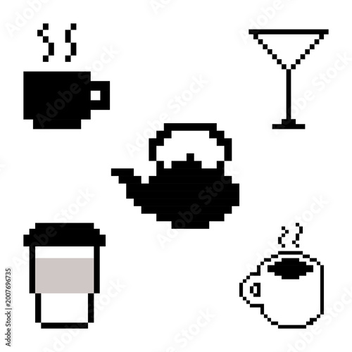 set of black and white pixel art icons of different kind of drinks. There are a cup of coffee, tea pot, tea cup, wine glass, cocktail glass. Icon or vector set, illustration design