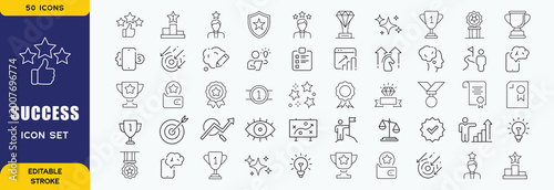 Success editable stroke outline web icons set. Success, achievement, successful, strategy, winner, teamwork, goal, brainstorm, challenge and task. Vector illustration