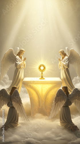 Heavenly scene of angels adoring the Eucharist on a glowing altar, in a soft and ethereal digital art style