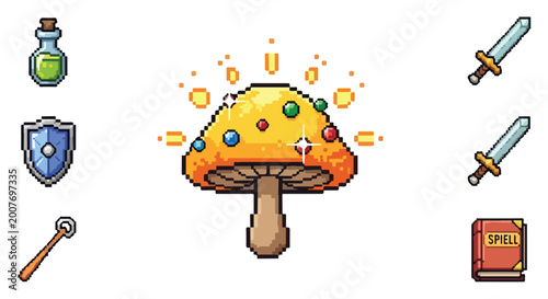 Fotografija A pixel art collection featuring a glowing golden mushroom with gems, surrounded by RPG items like a sword, shield, potion, and spellbook