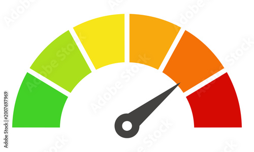 Half-circle progress gauge icon with five colored segments and a central indicator needle pointing to the orange section business performance concept