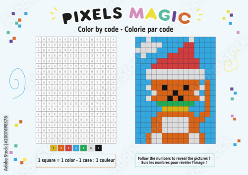 Cuadro en lienzo Pixel art à colorier représentant un chat de Noël
