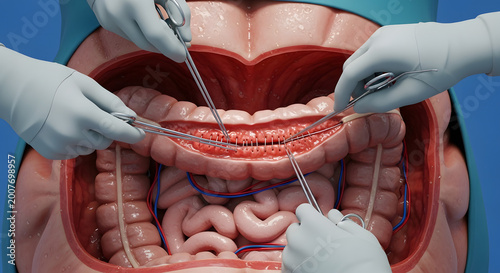 Surgeons Suturing Intestines During Open Abdominal Surgery With Surgical Instruments And Gloves

