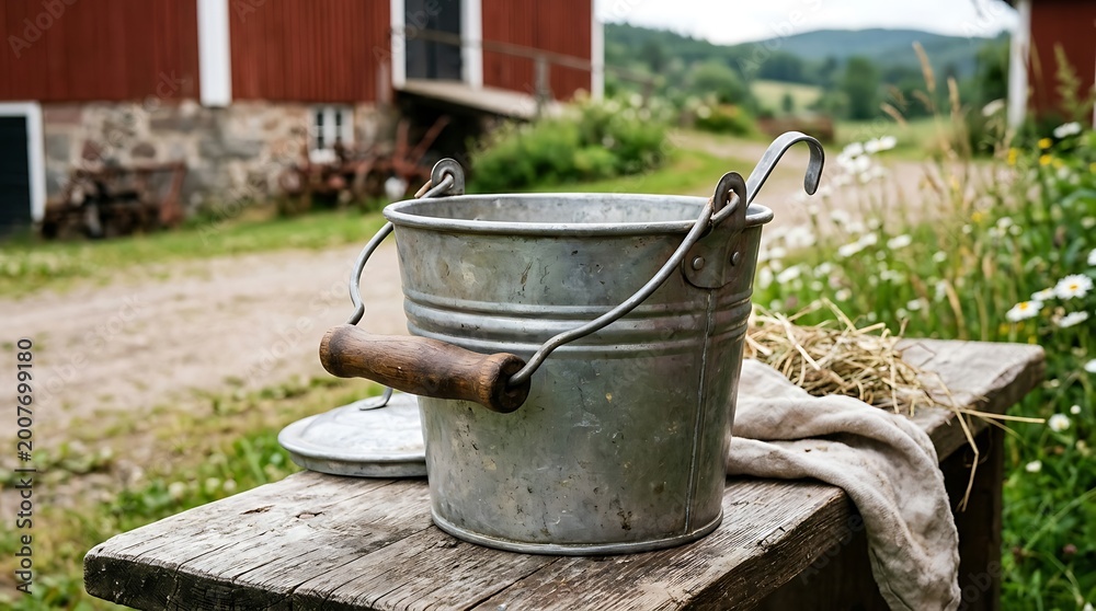 Obraz premium Vintage Metal Milk Pail on Wooden Bench