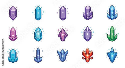 Foto A set of fifteen pixel art style crystal and gemstone icons in various shapes and colors, including sparkling effects, isolated on white