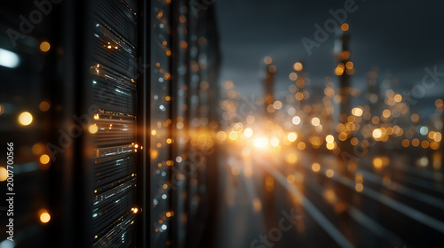Data Center Brilliance: A state-of-the-art data center, illuminated by streams of vibrant light, represents the heart of digital communication and advanced technological innovation. 