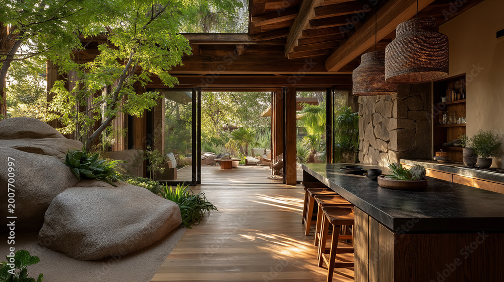 Fototapeta premium Open-Concept Living: Interior view of a sophisticated home design, where natural elements and modern living converge in perfect harmony. Spacious layout, seamless indoor-outdoor transition.
